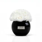 Luxury black ceramic vase with a refined cream lachaise label, showcasing pristine white roses in full bloom,