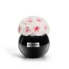 Black glossy vase labeled "MINGON HOMEY" containing bouquet of white roses with pink accents on white background