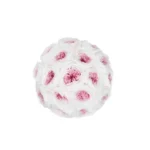 Round bouquet of numerous white roses with soft pink centers arranged in tight spherical formation