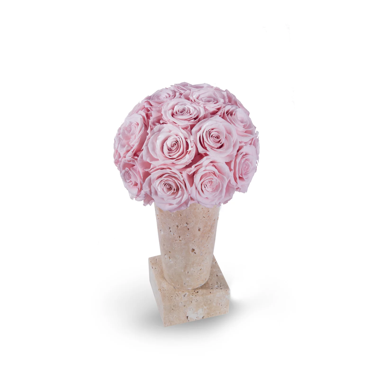 Bouquet of pink roses densely packed in light beige textured vase on matching square base against stark white background