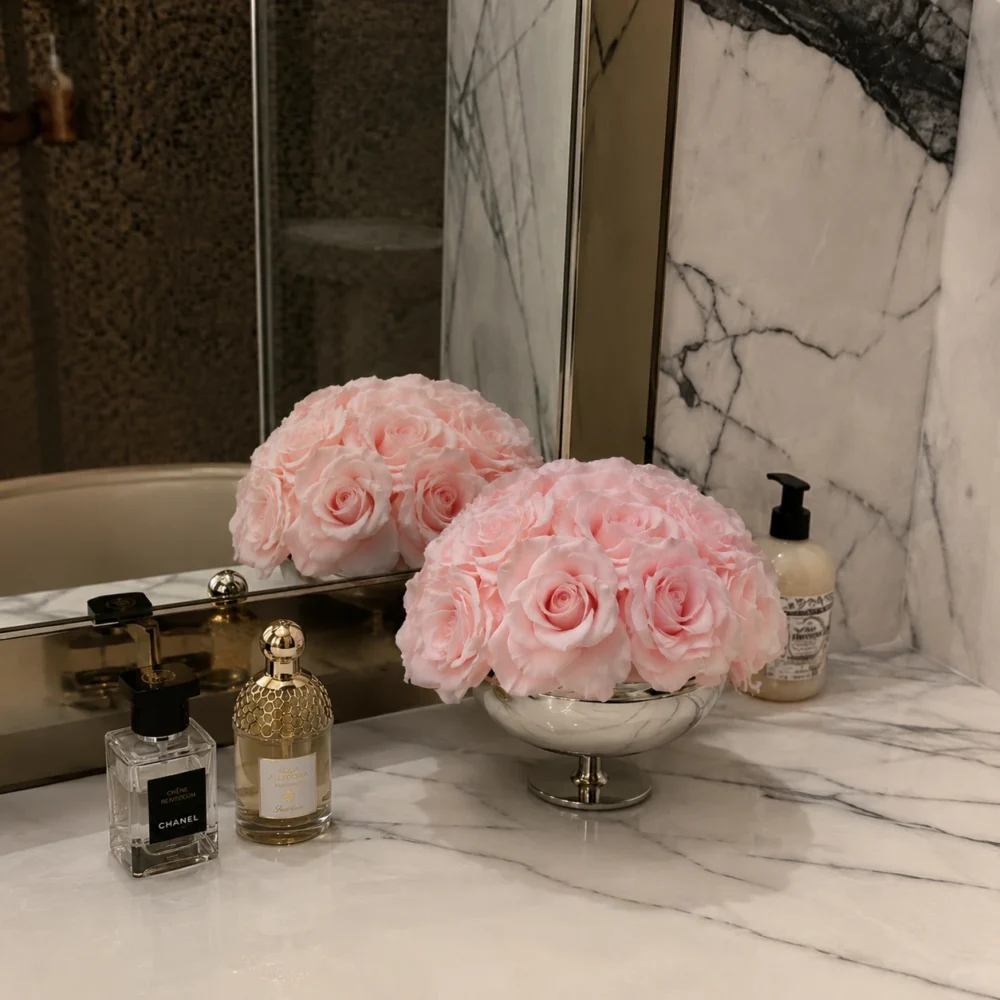 Pink roses 16 flowers silver bloom metal vase_08.webp