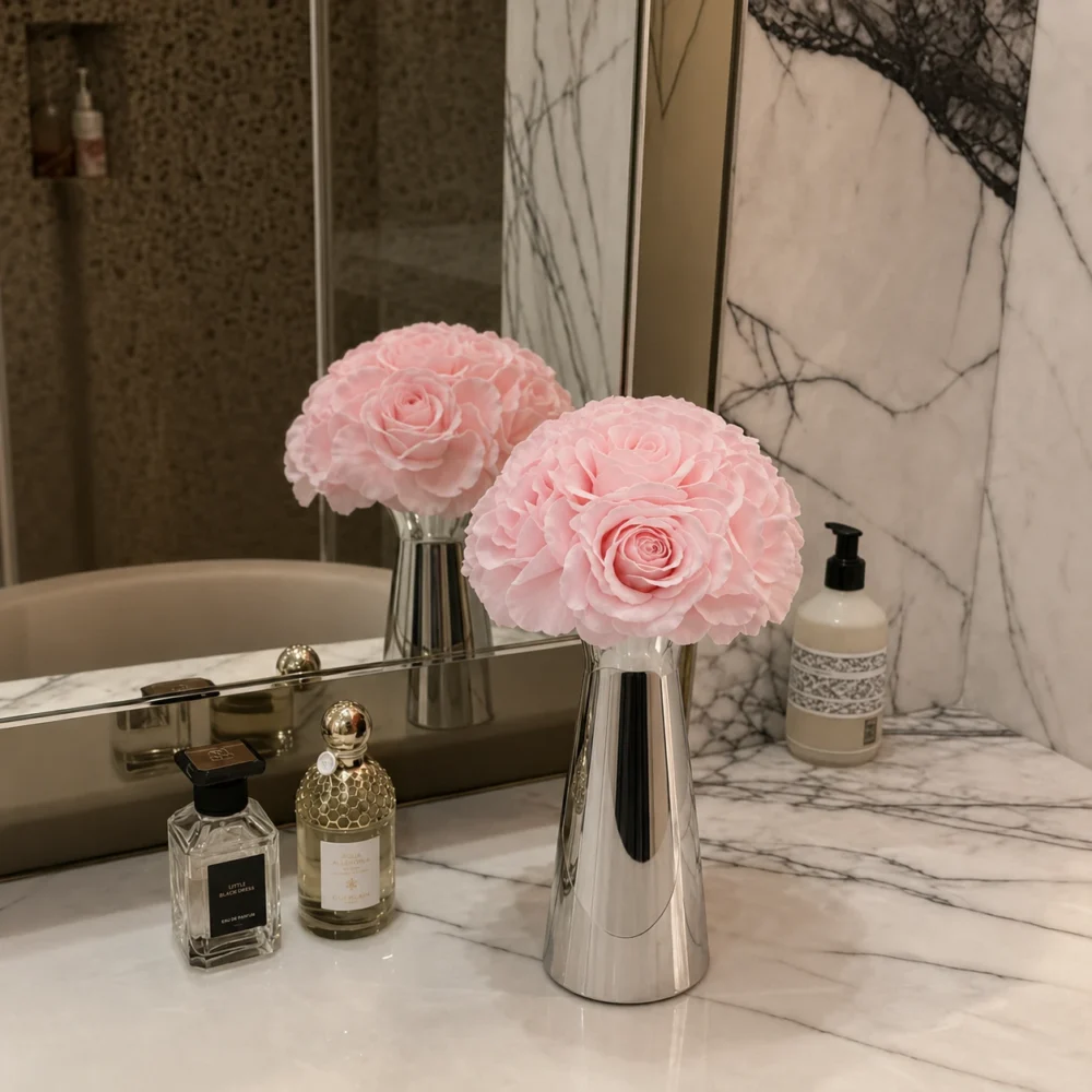 Pink roses silver bloom glass vase_11.webp