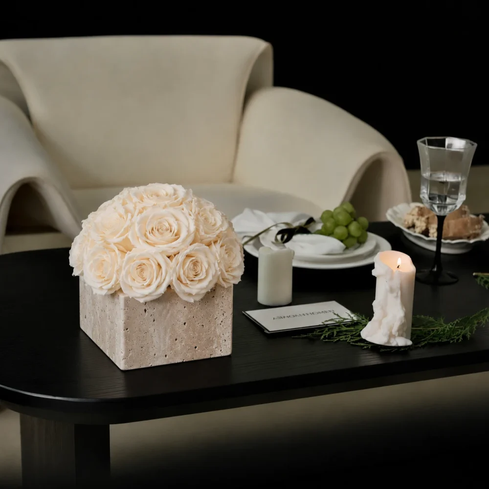 Wabi-Sabi Style Small Cube Travertine Vase Eternal Roses_03.webp