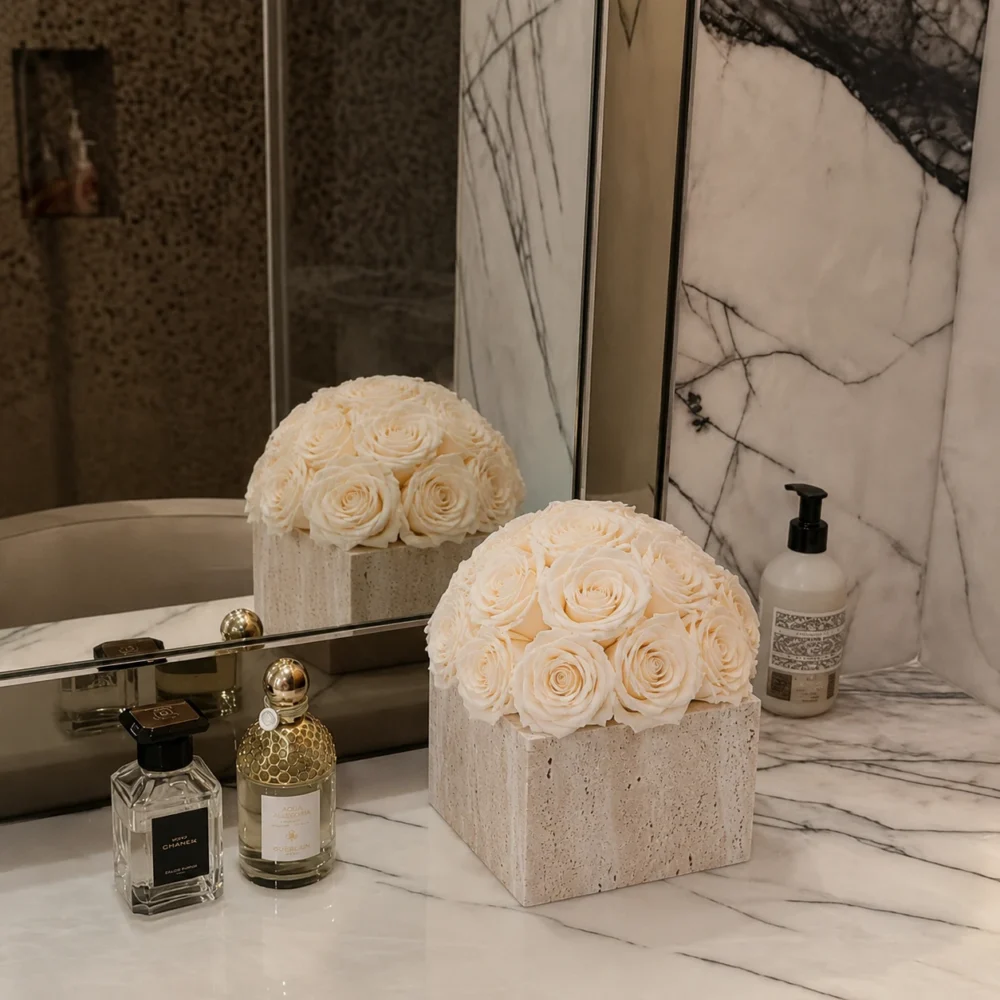 Wabi-Sabi Style Small Cube Travertine Vase Eternal Roses_04.webp