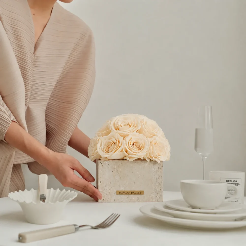 Wabi-Sabi Style Small Cube Travertine Vase Eternal Roses_09.webp