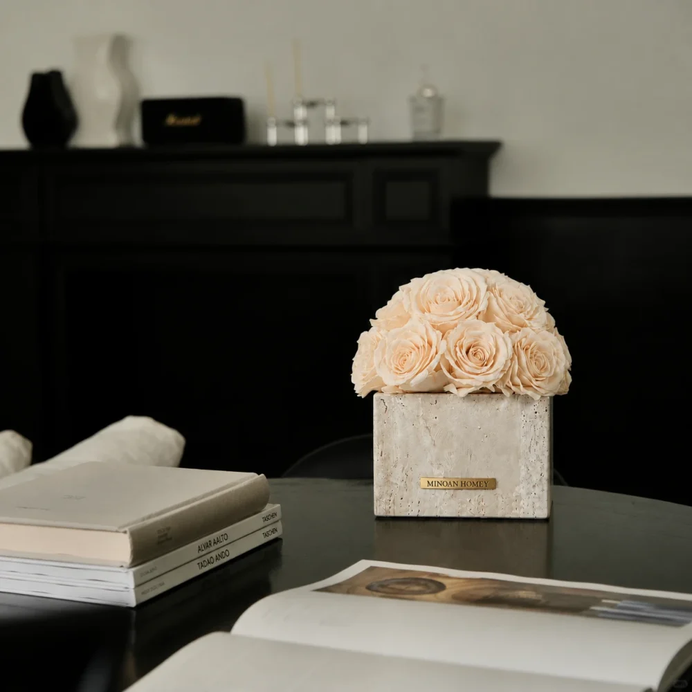 Wabi-Sabi Style Small Cube Travertine Vase Eternal Roses_10.webp
