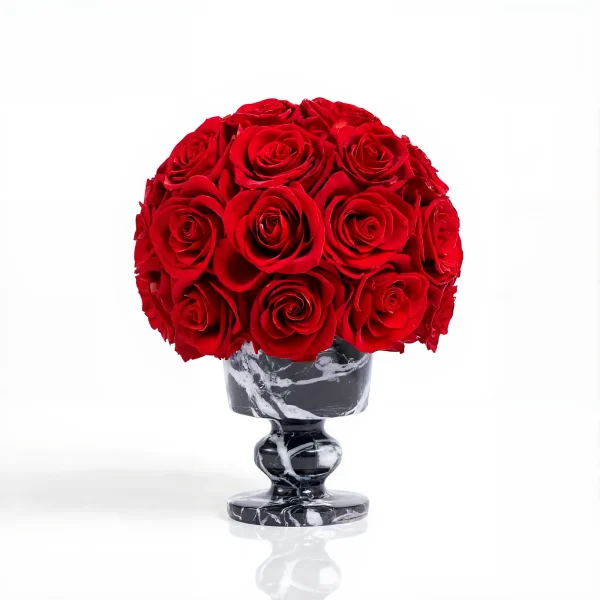 Glossy black marble vase with deep red roses, luxurious floral bouquet
